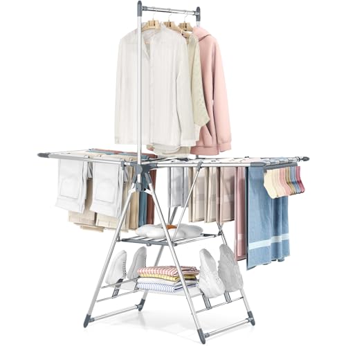 APEXCHASER Clothes Drying Rack with High Hanger, Foldable 3-Level Drying Racks with Shoe Rack, Crossbar and Vertical Rod Laundry Stand with Adjustable Wings Grey