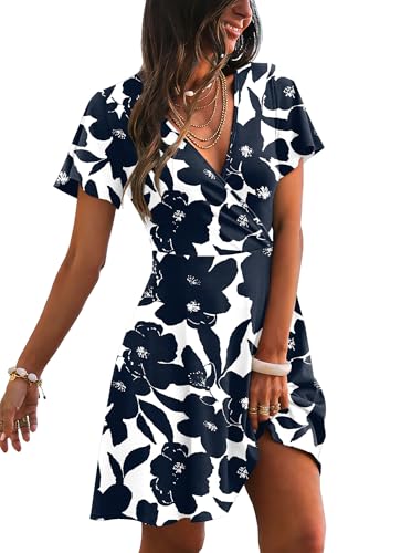 Sundresses for Women 2026 Summer Beach Dresses Mothers Day Semi Formal Church Wrap V Neck Dress Spring Clothes Floral Navy 02 M