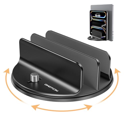 OMOTON VL04 360° Rotating Vertical Laptop Stand Holder, Aluminum Dual-Slot Desk Organizer for MacBook & iPad, Sides Knob Adjustment (No Lost Screws), Holds Laptop, Tablet & Keyboard, Fits up to 17.3"