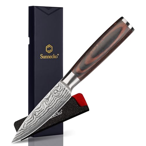 Sunnecko Small Kitchen Knife 3.5 Inch Paring Knife High Carbon Stainless Steel Fruit Knife with Wood Handle, Sharp Knife for Cutting Tomatoes with Gift Box
