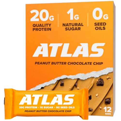 Atlas Real Food Protein Bar – 20g Clean Protein, 1g Sugar, No Seed Oils, No Artificial Sweeteners (Peanut Butter Chocolate Chip, 12 Count)
