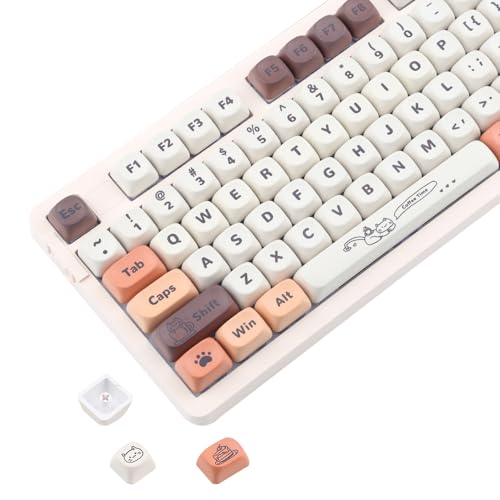 AKepopery PBT Keycaps MOA Profile 134 Keys for Cherry MX Switches Mechanical Keyboard, Cute Coffee Cat Theme Keycaps Set - Warm Brown Non-Backlit