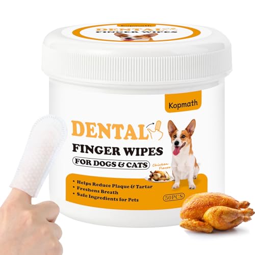 Kopmath Teeth Cleaning Finger Wipes, Dog Dental Wipes, Reduce Plaque & Tartar, Freshen Breath, Safe & Natural Pet Dental Wipes for Dogs Teeth, Portable Dog Tooth Wipes for Cats,50 Ct, Chicken Scent