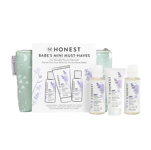 The Honest Company Babe's Mini Must Haves Gift Set Travel Size Hypoallergenic Lavender Bathtime Essentials Shampoo Body Wash (2 fl oz) Face Lotion (1 Bubble Bath