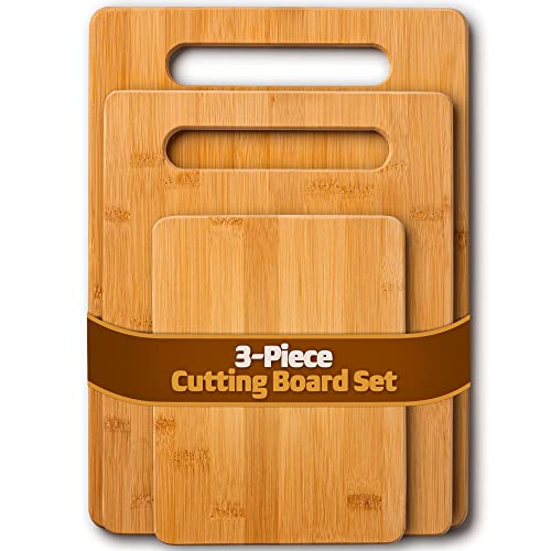 Bamboo Cutting Boards for Kitchen [Set of 3] Wood Cutting Board for Chopping Meat, Vegetables, Fruits, Cheese, Knife Friendly Serving Tray with Handles, 3 Piece Large, Medium, Small Size for Food Prep
