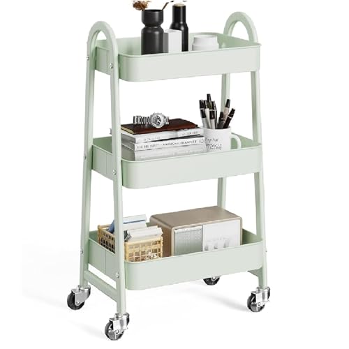 OLIXIS Metal 3 Tiers Utility Rolling Cart with Lockable Caster Wheels, Mobile Storage Shelf, Organization for Livingroom, Bathroom & Narrow Places, Pale Green