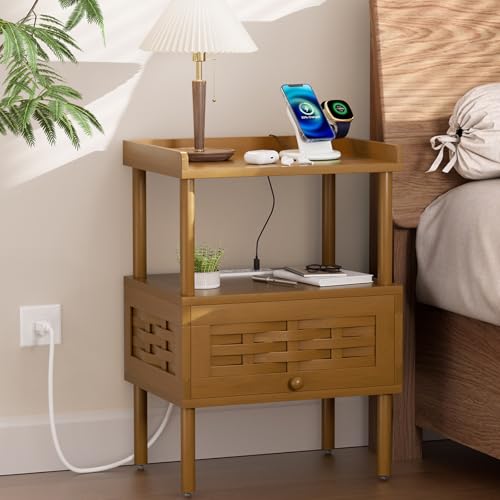 Amazer Bamboo Nightstand with Charging Station, Bedside Table with USB Ports & Outlets, End Table, Night Stand for Bedroom Lift-Up Drawer & Open Shelf, Walnut Brown