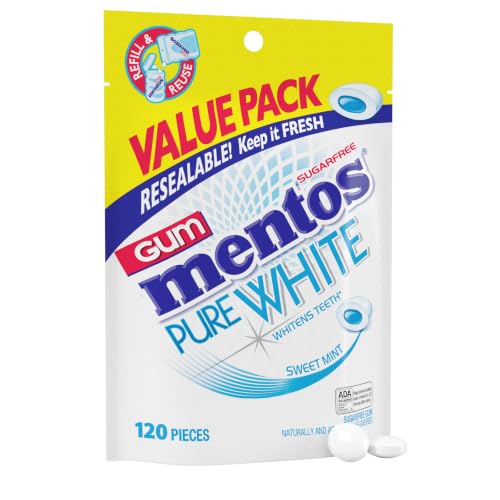 Mentos Pure White Sugar-Free Chewing Gum With Xylitol, Sweet Mint, 120 Piece Bulk Resealable Bag (Pack of 1)