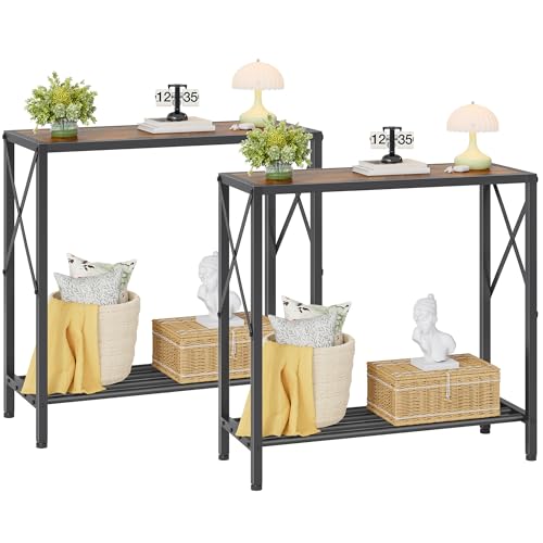 Tajsoon 2PCS Console Table, 2 Tier Small Hallway Table, Narrow Sofa Table for Entryway with Open Shelves for Living Room, Hallway, Foyer, Office, Rustic Brown