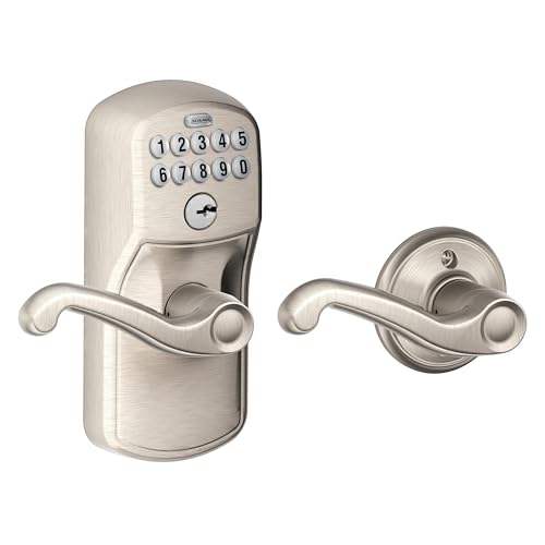 Schlage Plymouth Keypad Lock with Lever Handle, Electronic Keyless Door Entry, Auto‑Lock Enabled, Satin Nickel, FE575 PLY 619 FLA