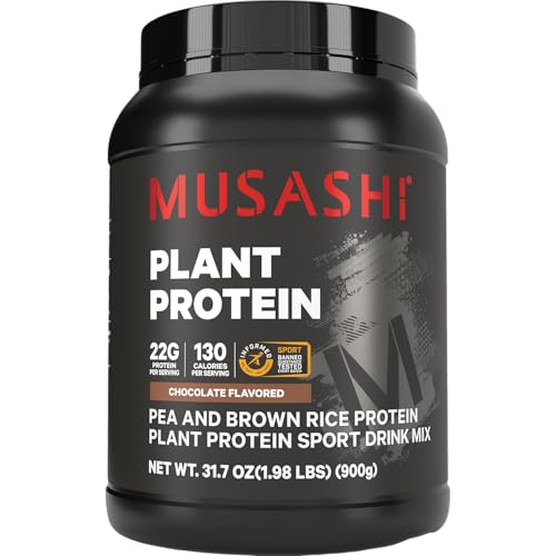 Musashi Plant Protein Powder, Chocolate, 900g (1.98 lb), Pea, Brown Rice and Chia Protein Blend with BCAAs & L-Glutamine, 23g Protein, 130 Calories per Serving