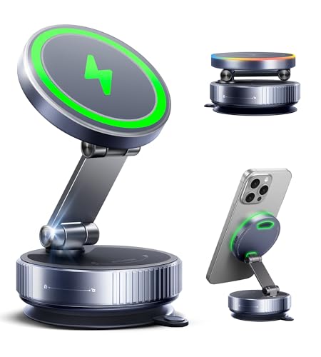 Magnetic Phone Charging Holder Mount for Magsafe Car Mount Charger, 15W Fast Charger Wireless [108+LBS Suction & 3800gf Magnetic], 360° Vacuum Magnetic Phone Holder for iPhone 17 Pro Max Air 16-12