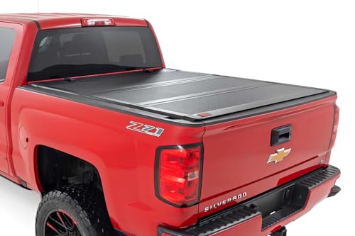 Rough Country Hard Tri-Fold Truck Bed Tonneau Cover for Chevy Silverado & GMC 1500/2500HD/3500HD (2014-2019) - Aluminum Flip-Up Bed Cover, Fits 6'7 (78.8-78.9") Bed w/Rail Caps