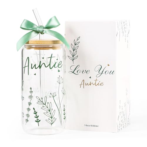 KMCCUMBER Gifts for Aunt - Aunt Birthday Gifts, Mothers Day Auntie Bow Glass Cup with Lids and Straws Coffee Cup Gift for Auntie Birthday Presents Stuff from Niece Nephew 16Oz