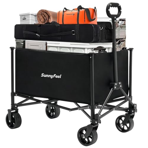 SUNNYFEEL Collapsible Wagon Cart with Wheels Foldable - 176lbs Standard Borderless Version Wagon Carts for Grocery Sports Garden Shopping Camping(Black-5.8 Cu Ft, 164L)