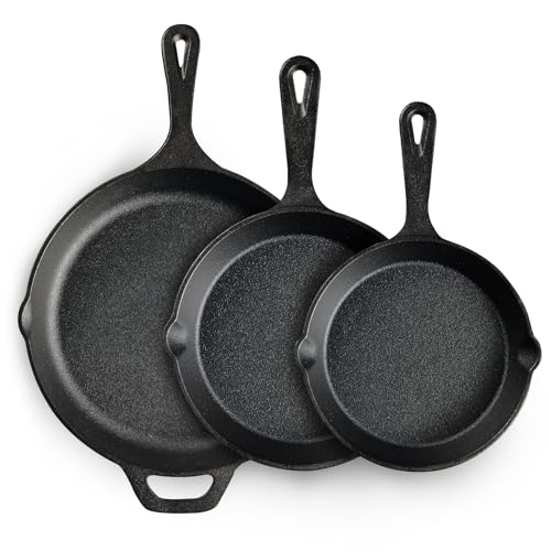 EWFEN Cast Iron Skillet 3-Piece Set, Heavy-Duty Professional Restaurant Chef Quality Pre-Seasoned Pan Cookware Set, 6", 8", 10" Pans For Frying, Saute, Cooking, Use Indoor/Outdoor, Oven, Grill