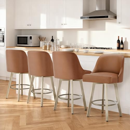 Counter Height Bar Stools Set of 4, Modern Swivel Barstools with Back and Wood Legs, Faux Leather Upholstered Bar Chairs, 26" Seat Height Counter Stools for Kitchen Island,Brown