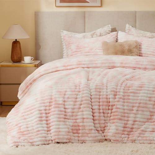 BEDELITE Fleece Queen Comforter Set -Super Soft & Warm Fluffy Pink&White Bedding, Luxury Fuzzy Heavy Bed Set for Winter with 2 Pillow Cases