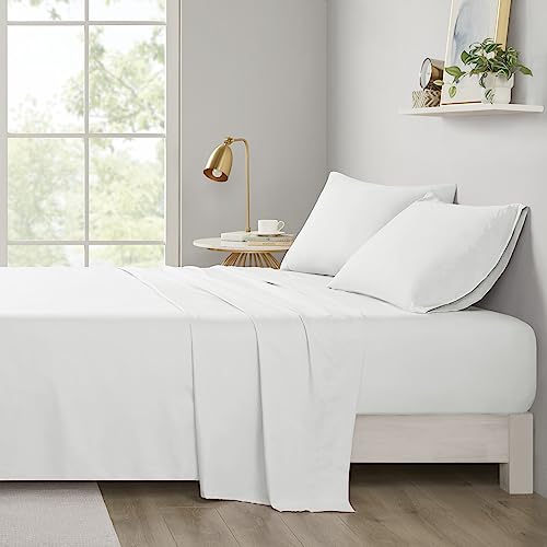 Intelligent Design Microfiber Bed Sheet Set Wrinkle Resistant, Soft Sheets with 12" Pocket, Modern, All Season, and Cozy, Matching Pillow Case, King, White, 4 Piece