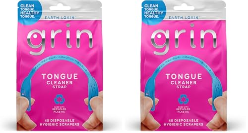 GRIN Tongue Cleaner Strap, 48 Count, Disposable Tongue Cleaner, Hygienic Dual Edge Scraper, Recycled Plastic, Clean Tongue, Healthy Tongue, Promote Fresh Breath, Includes Safe Fold- Back Tooth Pick
