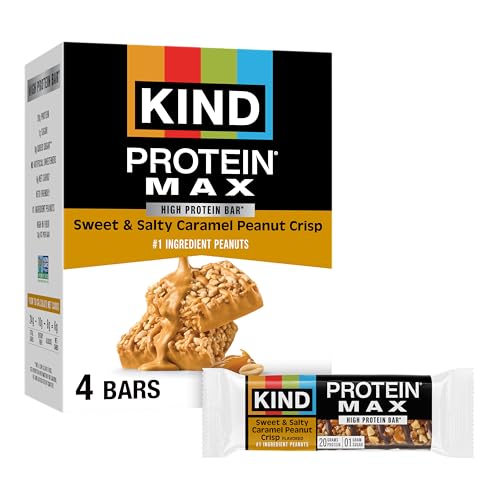 KIND Protein MAX Bars, Sweet & Salty Caramel Peanut Crisp, Gluten Free, Low Sugar, High Fiber Snacks, 20g Protein, 4 Count