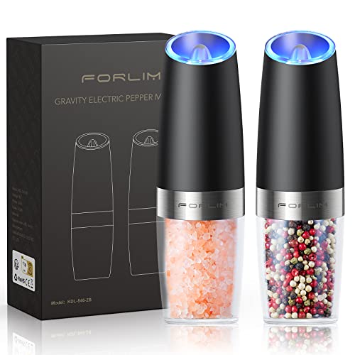 FORLIM Gravity Electric Salt and Pepper Grinder Set, Automatic Pepper Grinder Shakers Mill, Upgraded Batteries Powered Adjustable Coarseness with LED, One Hand Operation Perfect for Kitchen(Black)