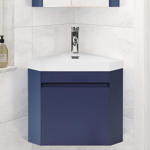 wonline 16" Corner Bathroom Vanity Sink Combo for Small Space Wall Mounted Cabinet Set Design Navy Resin Basin Sink Top Chrome Faucet and Drain