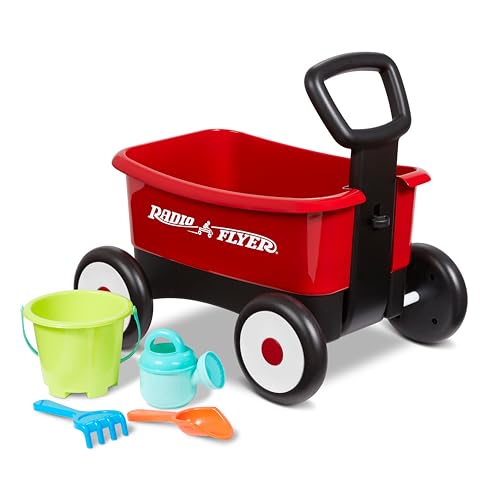 Radio Flyer Push & Pull Walker Wagon with Garden Tools, Red, for Kids 1-4 Years Old, Locking Handle for Stability, Baby Push Walker Converts to Pull Wagon, for Indoor & Outdoor Play
