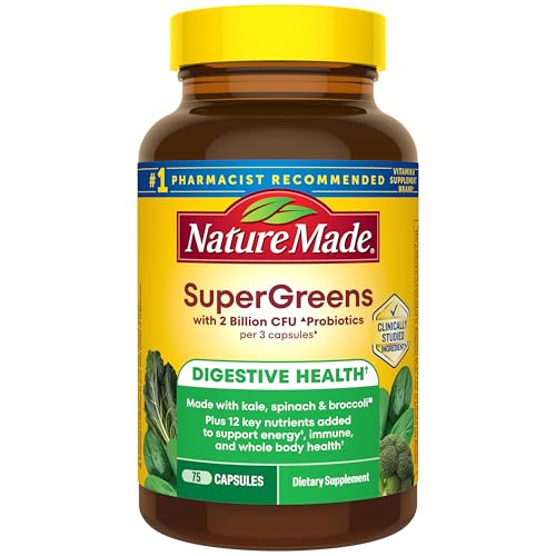 Nature Made Super Greens with Probiotic Capsules, Made with 1/2 Cup Veggies Per Serving + Probiotics for Digestive Health, 75 Capsules, 25 Day Supply