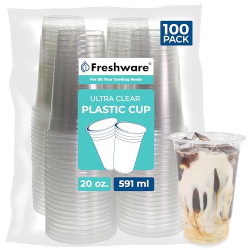 Freshware Plastic Cups [20 oz, 100-PCS] - Disposable Tumblers for Iced Coffee, Smoothie, Milkshake, Cold Drinks