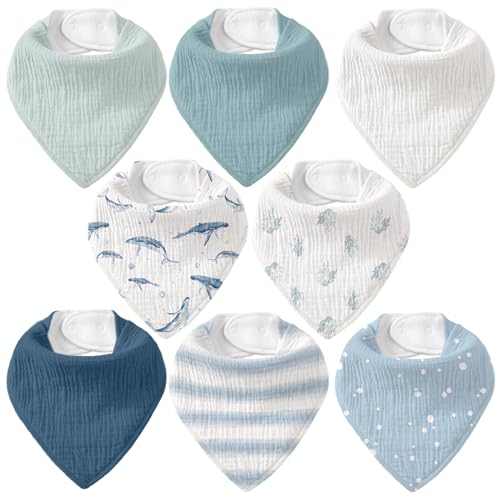 CIVARUA KIDS Muslin Baby Bibs 8 Pack, Baby Bandana Drool Bib for Drooling and Teething, Cotton Soft Absorbent for Girls Boys (Blue Ocean Whale)