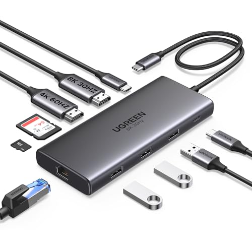 UGREEN Docking Station 10 in 1 Revodok Pro 210 USB C Dock Dual HDMI 4K@60Hz Single 8K@30Hz 100W PD 5Gbps USB C and USB A Data Ports Gigabit Ethernet, SD/TF Card Reader USB Hub Compatible for HP, Dell