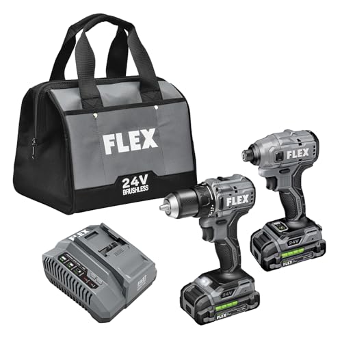 FLEX 24V Brushless Cordless 2-Tool Compact Combo Kit: 1/2-Inch 2-Speed Drill Driver and 1/4-Inch Hex Impact Driver with (2) 2.5Ah Lithium Batteries and 160W Fast Charger - FXM205-2A