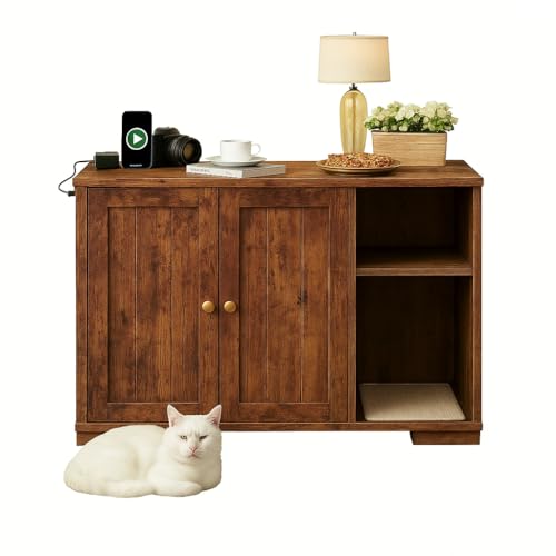 EliteEdge Litter Box Enclosure Cabinet, Built-in Power Outlet & 5 ft Cord, Cat Litter Furniture with Dog-Proof Shelf and Mat, Fits Most Self-Cleaning Litter Boxes, Brown