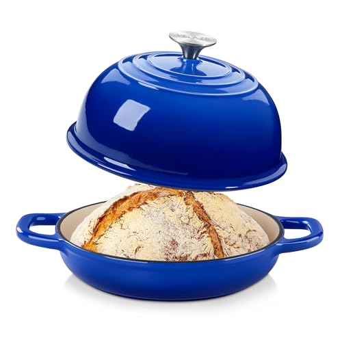 Velaze Enameled Cast Iron Dutch Oven for Bread Baking,5 QT Round Bread Oven Pot with Dome Lid for Sourdough, Roasting,Braising(Blue)