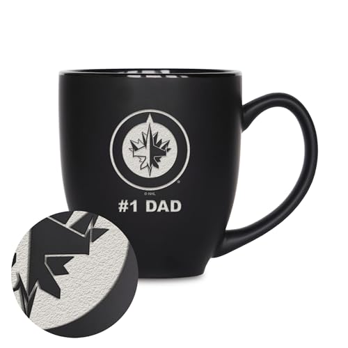 Rico Industries NHL Hockey Winnipeg Jets #1 Dad 15oz Laser Engraved Matte Black Ceramic Bistro Mug - for Hot or Cold Drinks