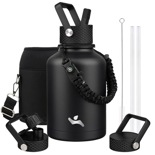 Konokyo Insulated Water Bottle with Straw,50 oz 3 Lids Water Jug with Carrying Bag,Paracord Handle,Double Wall Vacuum Stainless Steel Metal Flask,Black