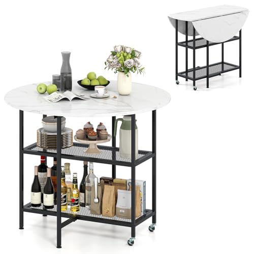 Giantex 40" Folding Dining Table with Lockable Wheels, Storage Shelves, Space-Saving Drop Leaf, Movable & Expandable Round Kitchen Table for Dinette Small Place Apartment Living Room (White)