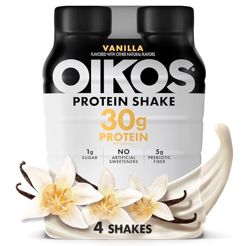 Oikos Protein Shake, Vanilla, 30g High Protein Drinks, Shelf Stable, Ready to Drink, 5g Prebiotic Fiber, 12 fl oz Bottle, 4 Count​