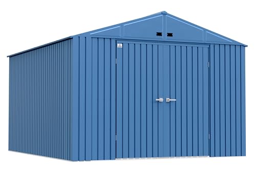 Arrow Shed Elite 10' x 14' Tall Outdoor Steel Storage Shed with High Gable and Lockable Doors Storage Building, Blue Grey