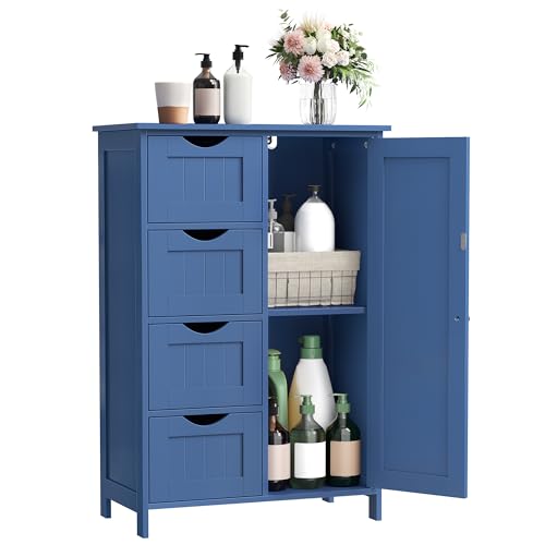 VASAGLE Storage Cabinet with Drawers, Freestanding Floor Cabinet with Door, 11.8 x 21.7 x 32.3 Inches, Adjustable Shelf, for Bathroom, Living Room, Kitchen, Bijou Blue ULHC041QE01S