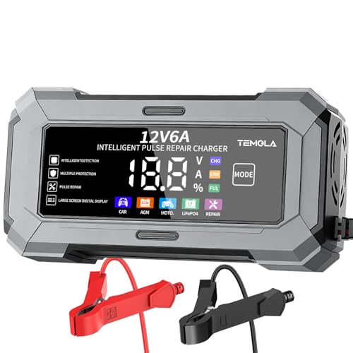Car Battery Charger Automatic Trickle Charger and Battery Maintainer with Pulse Repair Digital Display Trickle Charger for Car Battery 12V6A Auto Battery Charger for AGM Motorcycle LiFePO4 Batteries