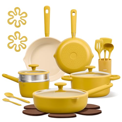 CAROTE 21pcs Cookware Set Nonstick Pots and Pans Set, Ceramic Cookware Set Induction Cookware, Non toxic Healthy Non Stick Kitchen Cooking Set, PFAS PTFE Free