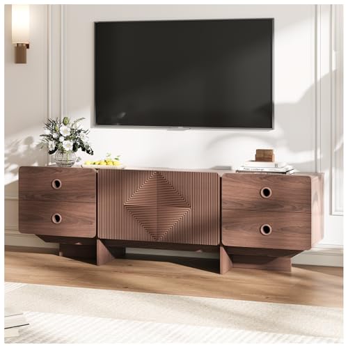 JOINICE 66" Fluted TV Stands for Living Room, Mid Century Modern TV Consoles for 75 inch TV, Entertainment Center with Storage, Media Console with Adjustment Shelf(Walnut)