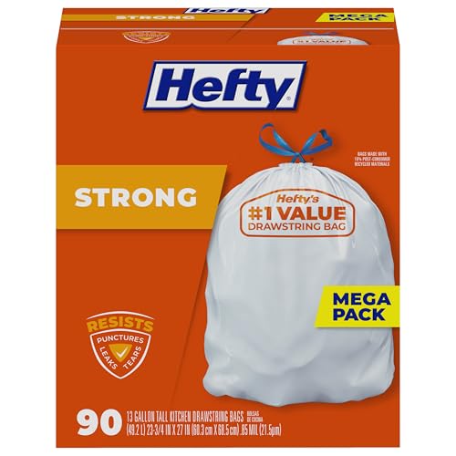 Hefty Strong 13 Gallon Trash Bags, Tall Kitchen Trash Bags, UnscentedLarge Trash Bags with Drawstrings, Durable Closure, Resists Leaks, Punctures, and Tears, White, Unscented, 90 Bags