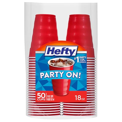 Hefty Party On Disposable Plastic Party Cups, 50 Count, 18 Oz Red Cups for Parties, Tailgates, Birthdays, Holidays, and More, Contoured Shape for Easy Gripping, Strong and Durable