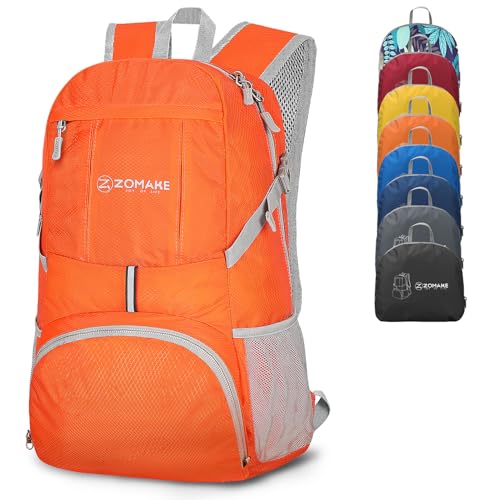 ZOMAKE Lightweight Packable Backpack 35L, Light Foldable Backpacks Water Resistant Collapsible Hiking Bag, Compact Folding Day Pack for Travel Camping(Orange)