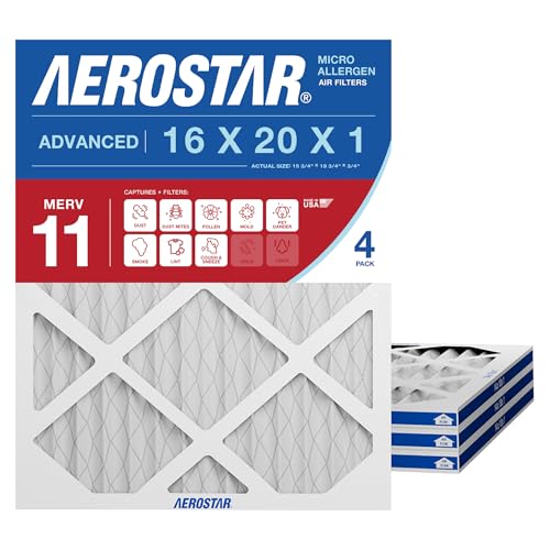 Aerostar 16x20x1 MERV 11 - 4 Count - Pleated HVAC, Furnace & Air Conditioner Filters - Removes Dust, Cold & Flu Germs, Lint, Mold, Pet Dander, Allergy-Causing Pollen, Smog & Smoke