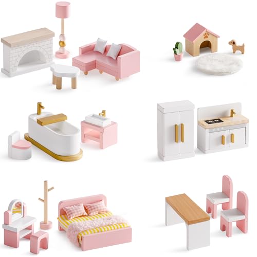 ROBOTIME Wooden Dollhouse Furniture Set, 28 PCS Miniature Dollhouse Furniture with 6 Room Kits, Dollhouse Accessories and Pretend Play Furniture, Gift for Boys and Girls Ages 3+