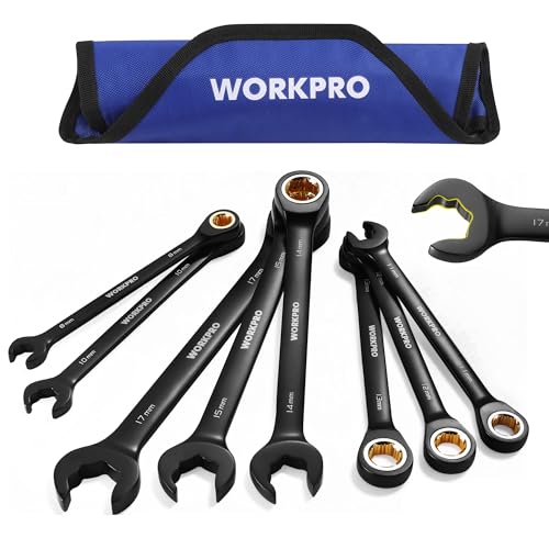 WORKPRO Upgraded 8-piece Anti-Slip Ratcheting Combination Wrench Set with Quick-Slide Open End, 72-Teeth, Cr-V Constructed, Black Metric Wrenches Set with Roll Up Pouch, 8mm-17mm